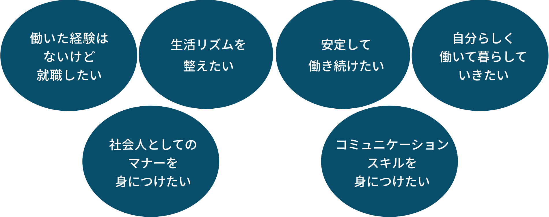 1: 働いた経験はないけど就職したい、2: 生活リズムを整えたい、3: 安定して働き続けたい、4: 自分らしく働いて暮らしていきたい、5: 社会人としてのマナーを身につけたい、6: コミュニケーションスキルを身につけたい